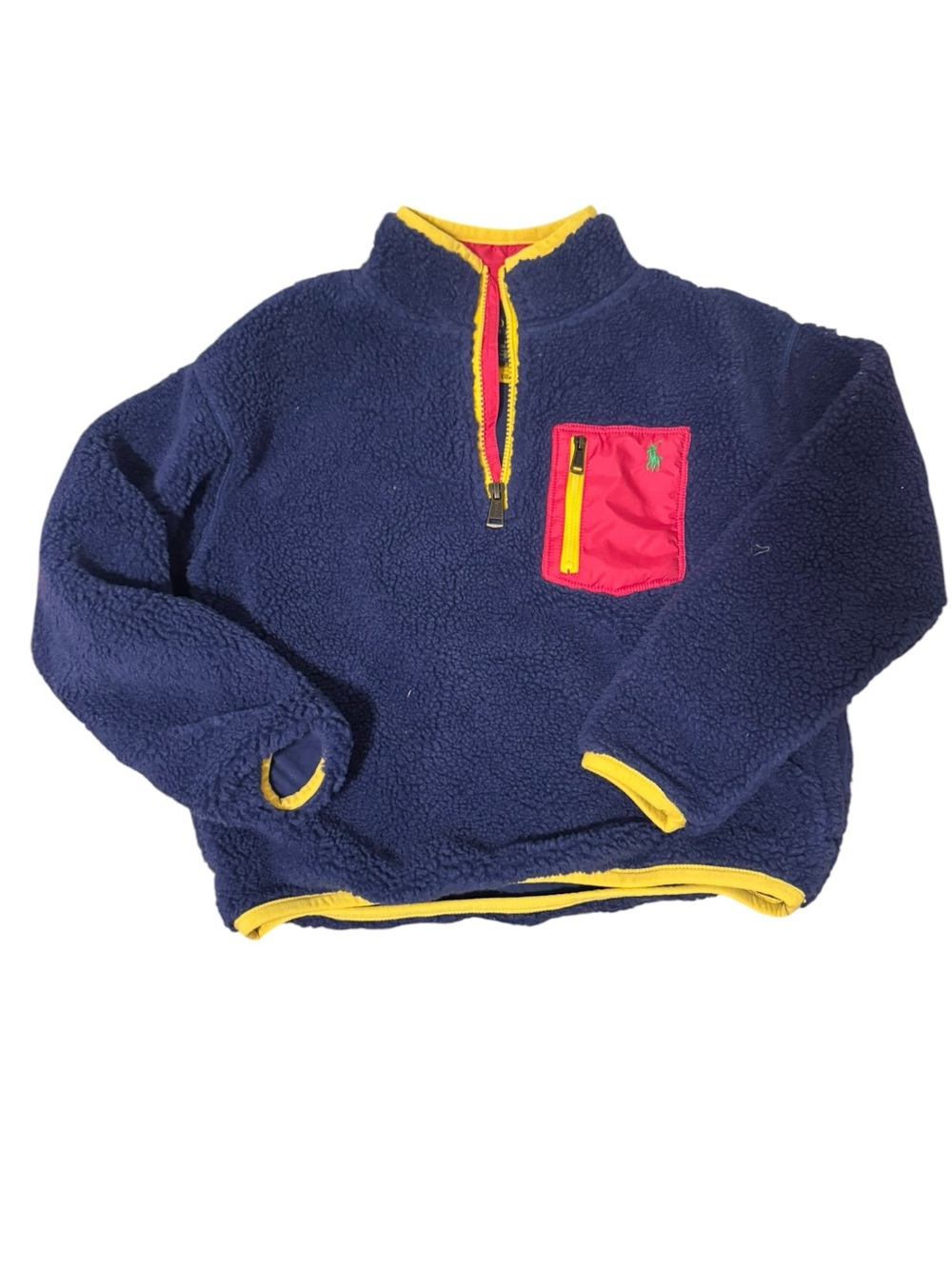 Ralph Lauren Navy Sherpa Half-Zip with Pink Chest Pocket and Yellow Trim